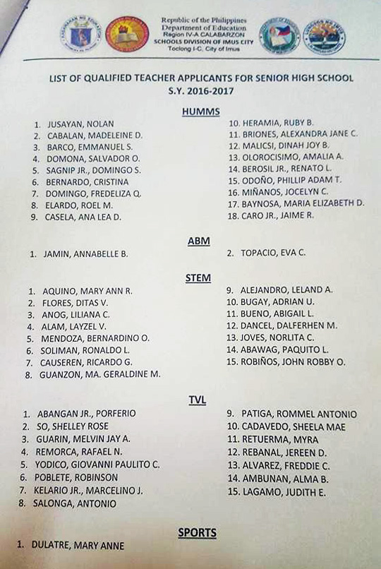 List of Qualified Teacher Applicant for Senior High School (SY 2016-2017) - Batch 1